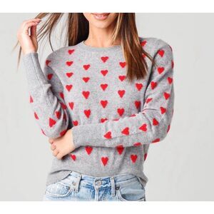 White + Warren Sweater Cashmere Crewneck Hearts Gray Red size Small